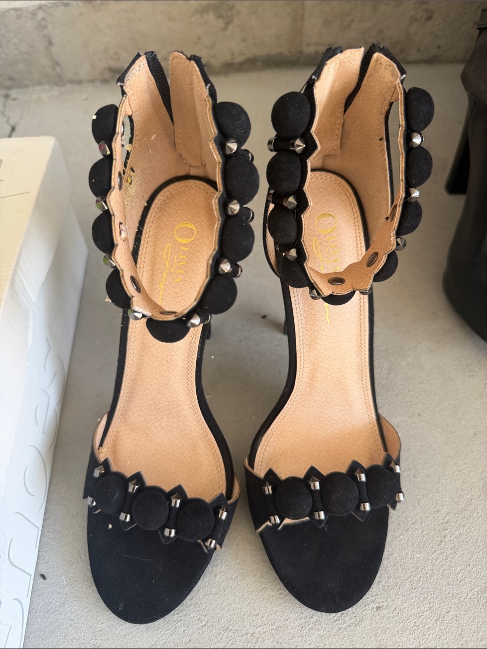 Black Studded Ankle-Strap Women's Heels